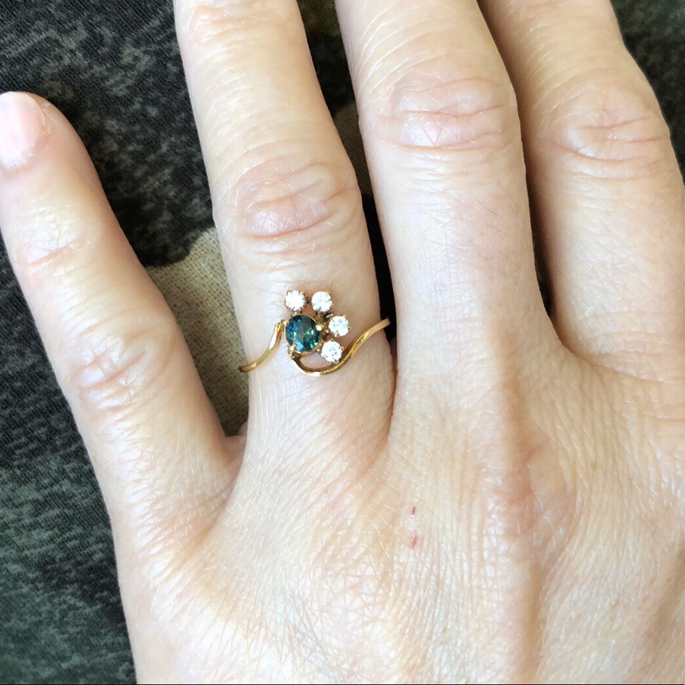 14K Solid Gold Natural Sapphire CZ Dainty Ring S 5
